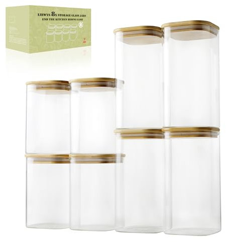 LIBWYS Lot de 8 bocaux de conservation carrés en verre avec couvercle en bambou - 2 tailles : 1150 ml ; 1580 ml - 8 pièces Plus Edition