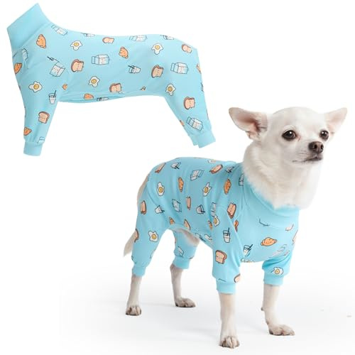 Spark Paws Dog Pyjama, Ultra-soft and 4-way stretch, Recovery-suit PJ Onesie for Small, Medium and Large Breeds - Breakfast Blue - S