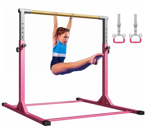 MEKETUM Gymnastic Kip Bar for Kids Training Horizontal Bars for Home Ages 3-15 Adjustable Height Non-Slip Gym Equipment Indoor with Rings