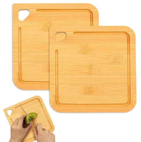 BelleVive 2 paquetes de tablas de cortar pequeñas de madera de bambú con ranura, ligera mini tabla de cortar de madera para bebés y niños pequeños, preparar comida y servir, picar