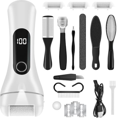 vsshe Hornhautentferner Elektrisch, 3 Rollenköpfe, 2-Gang-Laden, LED-Anzeige, IPX7 wasserdicht, 17 in 1 Hornhaut Entfernen Fuß Elektrisch für Rissige Fersen, Abgestorbener, Hornhaut entfernen（Weiß）