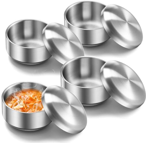Reallnaive 4 Sets 12 oz Stainless Steel Korean Soup Rice Bowl with Lid for Cereal Kitchen Restaurant Double-walled Anti Scalding Metal Bowls for Soup Salad Noodles Insulated
