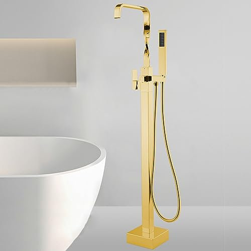 Robinetterie de Baignoire autoportante avec Bec Plat Cascade et pivotant à 360°, douchette Incluse et Finition Noir Mat/Or brossé pour baignoires Modernes (doré)