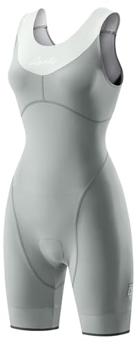 Santic Triathlondräkt för kvinnor vadderad triathlon kostym onepiece ärmlös tri-kostym cykel bodysuit skinsuit snabbtorkande bantning cykeldräkt, GRÅ, S