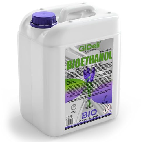 GiDeli Bioetanol 25 l de aroma de lavanda 96,6% etanol para chimeneas interiores y exteriores, sin humo ni hollín, de maíz y remolacha azucarera