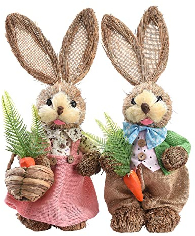 Syrisora Figurita de Conejito de Paja de Pascua, Decoración Rústica de Conejito de de Gato de 35cm con Interior Relleno de Espuma para Decoración de Mesa de Fiesta en Casa, 2