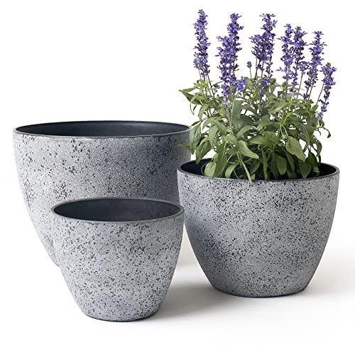 LA JOLIE MUSE 14.2/11.3/8.6 Inch Planters,Set of 3 Indoor/Outdoor Round Planters,Grey Tree Planters,Plant Container with Drain Holes,Flower Pots for Patio and Deck