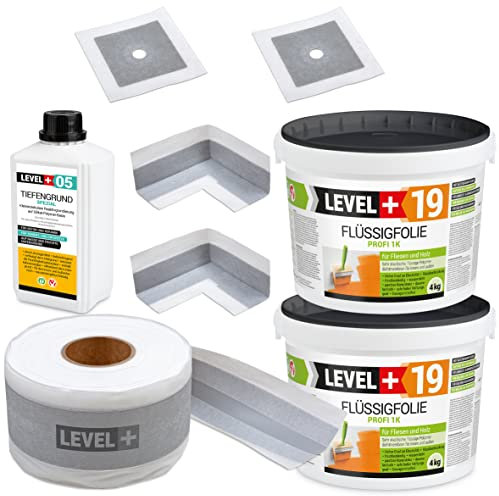 SET508 Kit d'étanchéité de 8 kg sur carrelage en bois, 2 coins intérieurs, 2 manchettes murales, ruban d'étanchéité de 5 m, fond de profondeur de 1 l Kit d'étanchéité pour douche, salle de bain,