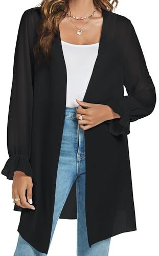 Famrrifuu Chiffon Cardigan Damen Lang Sommer Strickjacke Leichte Langarm Strand Cover up Elegant Kimono Cardigan,Schwarz,XXL