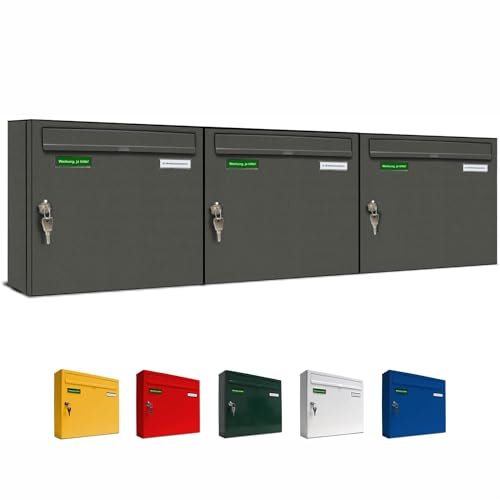 AL Briefkastensysteme Basic 3er Briefkasten DB 703 Eisenglimmer Grau 3 Fach DIN A4 wetterfest Briefkastenanlage mit Posthaltebügel und 2 Namensschildern