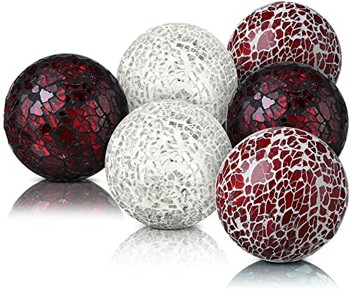 Cunhill 6 Pieces Decorative Balls for Bowls 6.5 cm / 2.5 Inch Orbs Glass Balls for Centerpiece Bowls Mosaic Sphere for Home Decoration Dining Table Christmas Party (White,Red,Reddish Black)