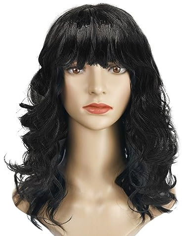 VIKSAUN Perruque longue ondulée avec frange longue vague naturelle perruque synthétique résistante à la chaleur Bent Tail Longue Bouclé Perruques pour Carnaval Halloween années 80 années 70 (Noir)