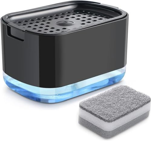 Collazoey Distributeur de Liquide Vaisselle de Cuisine, Distributeur de Savon 2 en 1, Distributeur de Savon à Pompe avec Porte-éponge, Distributeur de détergent Rechargeable (Noir)
