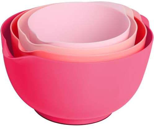 BoxedHome Mixing Bowls with Easy Pour Spout, Non-Slip Base, Large 4.3L, 3.3L, 2.3L, 1.6L, Nesting Salad Bowls for Kitchen Storage, BPA-Free, Dishwasher & Microwave Safe, Set of 4, Pink Gradient