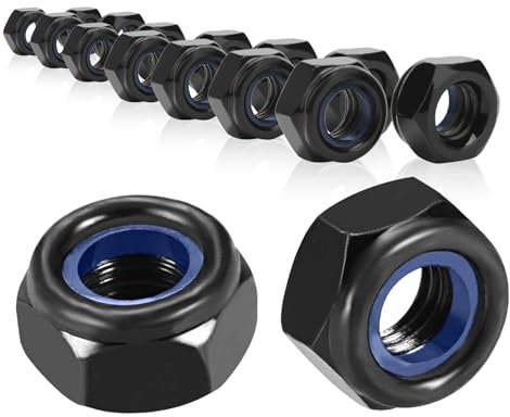 50 tuercas hexagonales M5, color negro, tuercas de seguridad M5, tuercas de bloqueo, tuercas autobloqueantes de nailon, tuercas de contratuerca, tuercas m5, acero inoxidable, autoblocantes, rosca