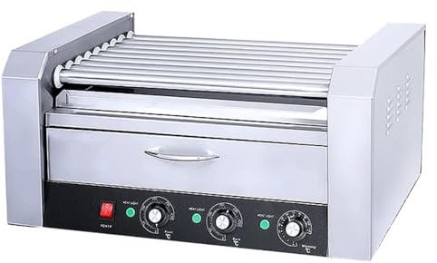 Máquina for hacer perritos calientes con rodillo, parrilla de 9 rodillos con cajón for calentar pan, ideal for fiestas, puestos y food trucks.