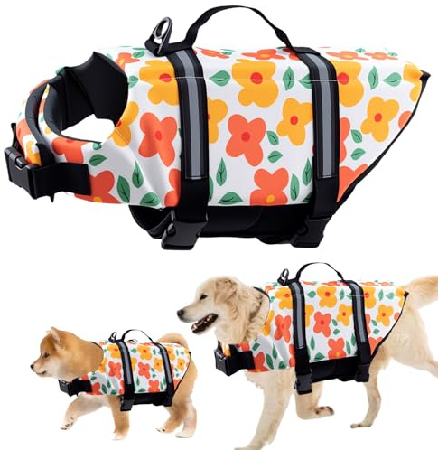 Schwimmweste Hund, FainFun Schwimmweste Hund Orange, für Klein und Groß Hunde Ripstop und Reflektierende, Verstellbare Größe mit Starkem Auftrieb und Schwimmen Rettungsgriff (Blume, L)
