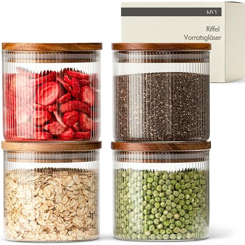 KIVY Riffel Vorratsgläser mit Deckel - 4 x 600ml - Kleine Vorratsdosen mit Akaziendeckel - Vorratsdosen Glas mit Deckel - Vorratsgläser Holzdeckel - Aufbewahrungsgläser mit Deckel