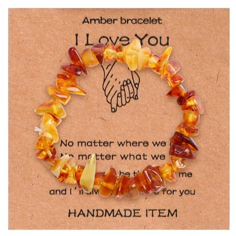 ADUDVLO Amber Bracelet for Women, Elegant Amber Bead Jewelry Gift Set with Card, Genuine Elastic Ladies Bracelets & Anklets for Birthday, Christmas, Mother's Day (7.3, inches)