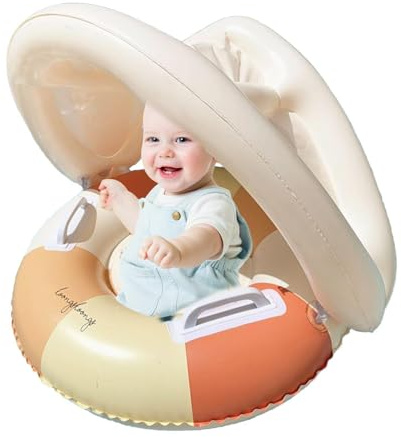 Bouée Bébé avec Pare Sol-eil - Anneau De Natation pour Bébé 6-36 Mois - Siège De Sécurité Réglable, Auvent Amovible - pour Piscine Et Plage – Orange
