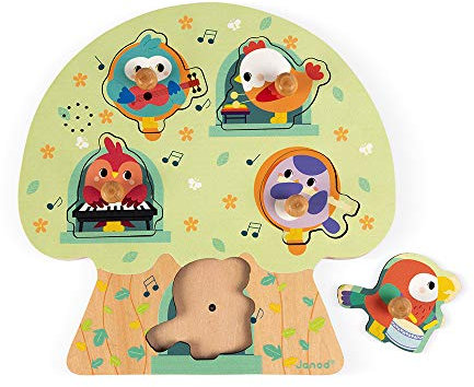 Janod - from 18 Months - Musical Wooden Puzzle Birds in Party - 5 Pieces - First Age Puzzle - Develop Motor Skills - J07092