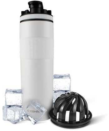 Ice Shaker Insulated Stainless Steel Shaker Bottle | 20 oz, White | Cold for 24+ Hours | Insulated Cup with Twist-on Agitator | Odor-Free Bottle for Protein Shakes, Water, Smoothies, Cocktails