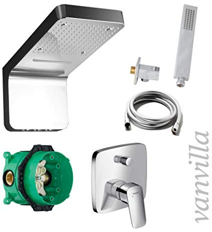 vanvilla Duschsystem mit Unterputz Duscharmatur von Hansgrohe Logis und vanvilla Regendusche mit Armatur, Duschkopf mit Schwall und Sprühnebel, Dusch-SET HG30 poliert