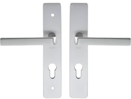 Vachette Set de Poignée de Porte sur Plaque KAZA - Clé I pour Porte d'Entrée/Cave/Abris de Jardin à Cylindre - Entraxe 195 mm - Matériau Aluminium Résistant - Garantie 10 Ans - Finition Argent