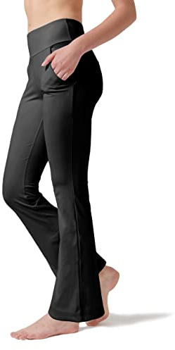 LaiEr Women's Yoga Pants with 4 Pockets High Waist Work Pants 4 Way Stretch Tummy Control Long Flare Pants(Black,S)
