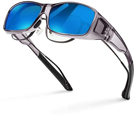 Bloomoak S'adapte sur les lunettes, au-dessus des lunettes de vue, protection 100 % UV et anti-reflets, monture TR90 enveloppante pour homme et femme, Cadre gris transparent/miroir bleu glacier,