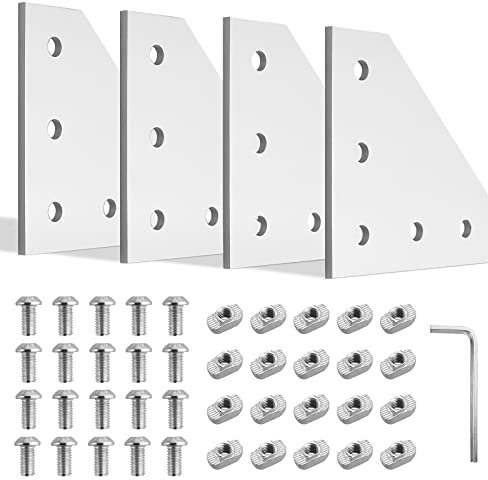 JiGiU Eckhalterungsplatte 3030 L-förmig 5-Loch Außenverbindungsplatte 90-Grad mit M6 Schrauben und T-Muttern, Verbindungsbrettplatte für 30Serie Aluminium Extrusion Profil 8mm Schlitz (4pcs, Silber)