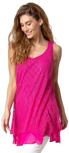 Roman Originals Lace Overlay Hanky Hem Vest Top for Women UK - Ladies Spring Summer Casual Day Crochet Longline Sleeveless Scoop Round Neck Asymmetric Holiday Beach Tops - Fuchsia - Size 10