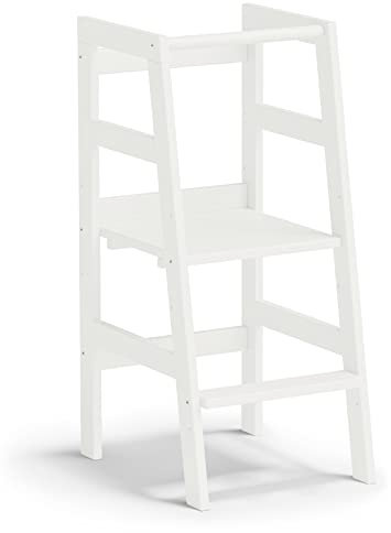 Bellabino Milo Lernturm für Kinder Weiß, 3-Fach höhenverstellbar, Montessori Lernturm ab 1 Jahr aus Kiefer Massivholz, Küchenhelfer für Kinder Trittschemel