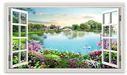 VFUNZA Tableau sur Toile Fenetre Paysage fleurs 3D Fausse Fenêtre Vue Paysage Impression sur Toile Image Nature sur Toile Tableau Decoration Murale Salon 80x135cm31x53in Sans Cadre
