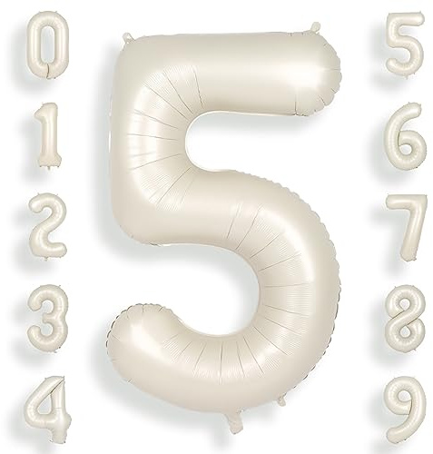 SUWEN 40 Inch Cream White 5 Number Balloon Foil 0-9 Birthday Big Numbers | 5th Birthday Anniversary Party Decorations Large Helium Number Balloons Jumbo Giant Huge Mylar