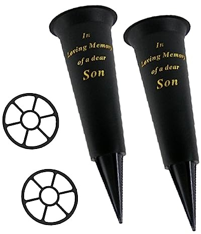 Juego de 2 jarrones conmemorativos de tumba con tachuelas para tumbas, color negro con inserciones de soporte para flores