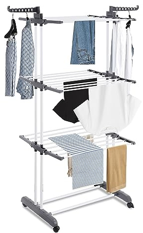 ASAB 4 Tier Foldable Clothes Airer Retractable Clothes Drying Rack Laundry Dryer with 4 Rolling Wheels Ample Drying Space Rust Resistant Stainless Steel Space Saving Indoor Outdoor Air Dryer