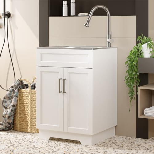 UpWiew Laundry Sink Cabinet with Stainless Steel Sink and Pull-Down Faucet, 24 Inch Large Utility Sink Cabinet for Laundry/Utility Room, Kitchen, Bathroom and Garage, White