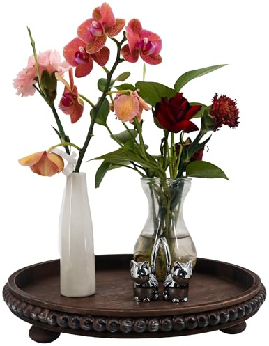 FramePro Decorative Tray 12in Round Wood Beaded - Brown Serving Tray Risers for Living Room, Coffee Table, Kitchen or Farmhouse Display