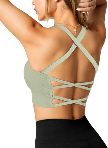 Crewhpo Reggiseno Sportivo Donna Push Up Reggiseni Senza Ferretto Imbottito Reggiseno da Abbigliamento Palestra Bralette Cinghie Incrociate Top per Yoga Jogging Gym S-XL