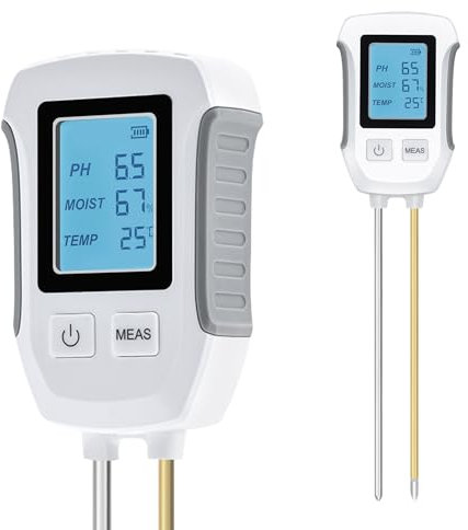 Wigearss Medidor de pH del Suelo 3 en 1, Probador de Sensor Higrómetro, Temperatura y pH de Plantas con Pantalla LCD Retroiluminada para Granja/Jardín/Césped