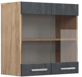 Vicco Küchenglasschrank R-Line, Glashängeschrank, Schwarz Beton/Goldkraft Eiche, 60 cm