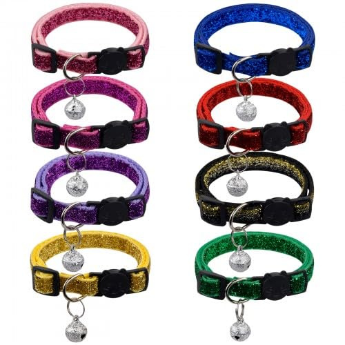 Dokeno Collares para Gatos, 8 Paquetes Collar Gato con Cascabeles, Collar Gatos con Hebilla de Seguridad de Liberación Rápida, Ajustable 19-32cm, Collar Gato Antiahogo, para Gatos y Cachorros