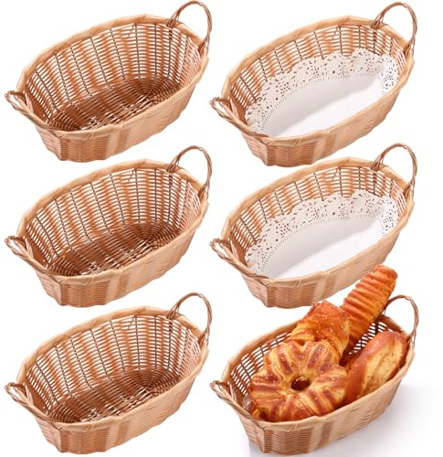 Tioncy 6 st flätad brödkorg med handtag, handvävd oval plastkorg matserveringskorg med pappersfoder, matkorgar serveringsbricka set snabbmatkorgar för hem, restauranger, picknick