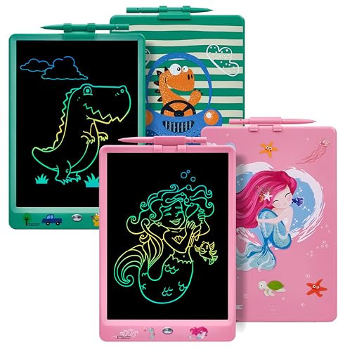 DYNASONIC DYNA-PM pack 2 piezas. Pizarra Escritura LCD Color de 10 Pulgadas para niños. Pizarra magnética para Dibujar. Juguete Educativo. Regalo para niño. Pizarra Infantil (Sirena Dinosaurio)