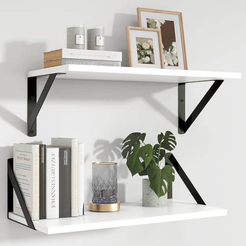 Feihorrm Shelves for Wall Set of 2, 40 x 20 cm Deep Wall Shelves, White Wooden Shelves with Metal Brackets, Wall Shelf for Living Room, Bedroom, Kitchen, Bathroom and Office
