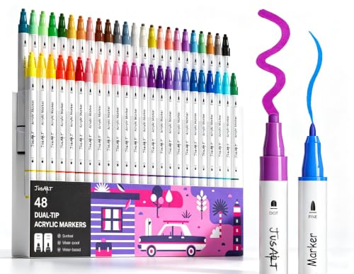 JusArt Marcadores de pintura acrílica de 48 colores, marcadores de doble punta con puntos y punta fina para roca, tela, madera, vidrio, cerámica, lienzo, suministros de arte vibrantes para adultos