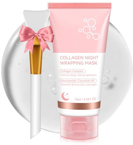 Shuangjia Collagen Night Wrapping Mask with Brush 2.53 fl.oz, Collagen Overnight Wrapping Peel Off Facial Mask Pack, Reduces Sagging & Dullness - Hydrolyzed Collagen For Glowing Skin, For Glass Skin