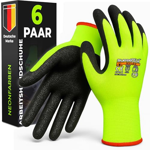 MK-Glove Reflektierende Arbeitshandschuhe Herren mit Rauh Latexbeschichtung (6 Paar) - Schutzhandschuhe für Baustelle und Werkstatt - Strapazierfähige Gartenhandschuhe - 7 - S - Neon