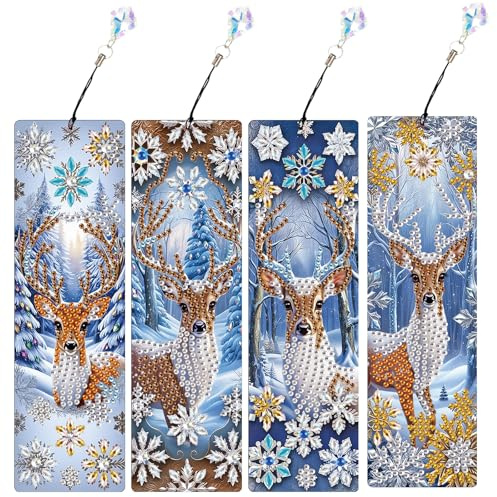 JICFDAO 4 segnalibri per diamond painting Natale, 5,8 x 19,5 cm, set di pennarelli laterali, per fai da te, con cristallo, regalo per gli amanti dei libri, cervi